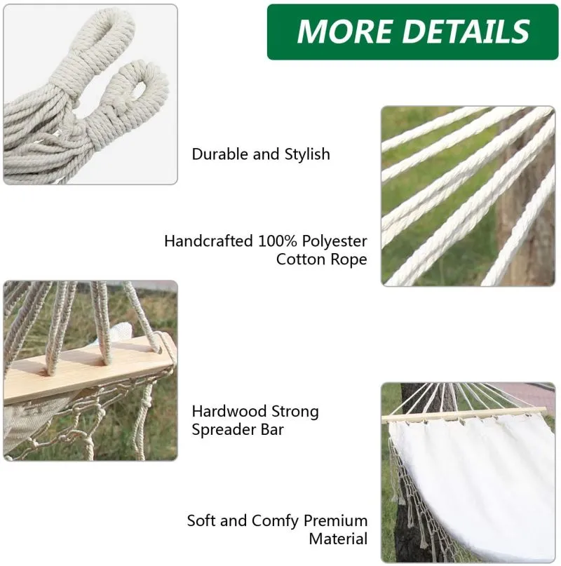 Brazilian Deluxe Cotton Fabric Hammock with Wood Spreader Bar and Fringed Macrame