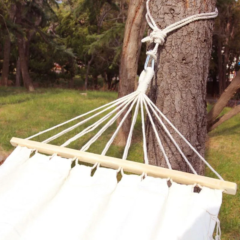 Brazilian Deluxe Cotton Fabric Hammock with Wood Spreader Bar and Fringed Macrame