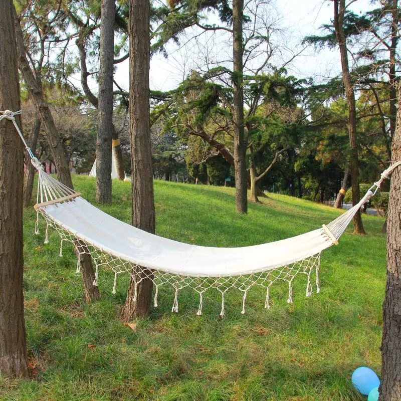 Brazilian Deluxe Cotton Fabric Hammock with Wood Spreader Bar and Fringed Macrame