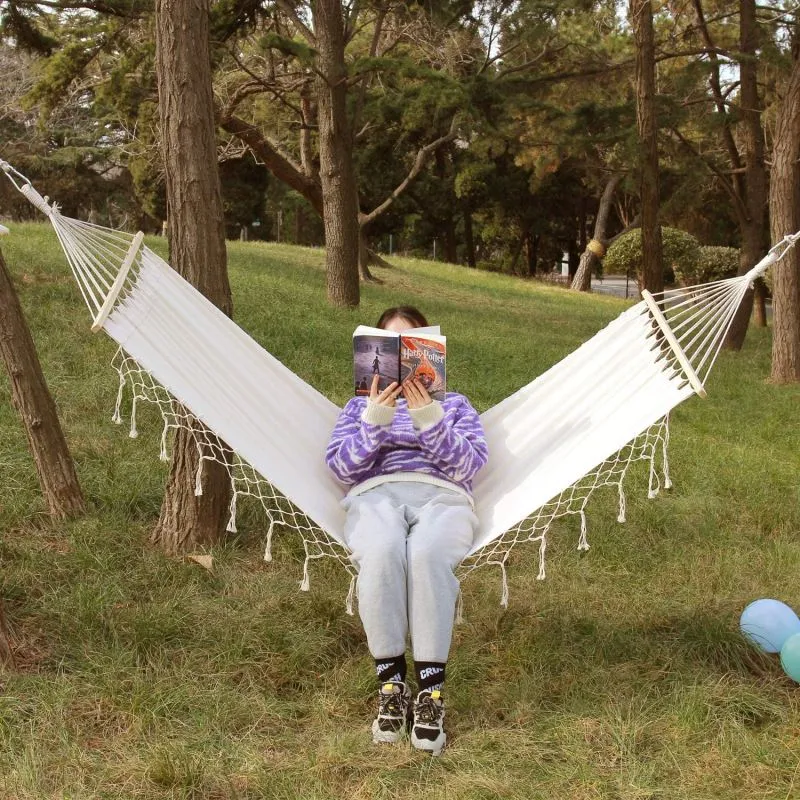 Brazilian Deluxe Cotton Fabric Hammock with Wood Spreader Bar and Fringed Macrame