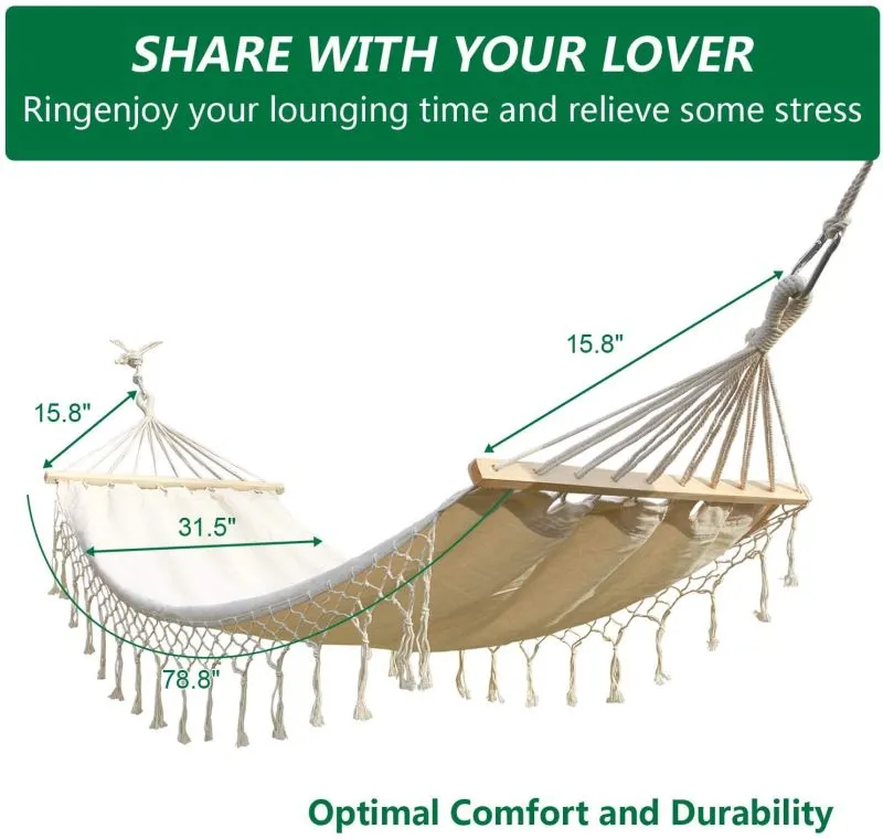 Brazilian Deluxe Cotton Fabric Hammock with Wood Spreader Bar and Fringed Macrame