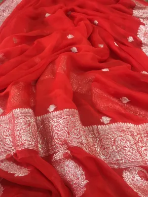 Bright Red Banarasi Karwachauth Khaddi Georgette Saree
