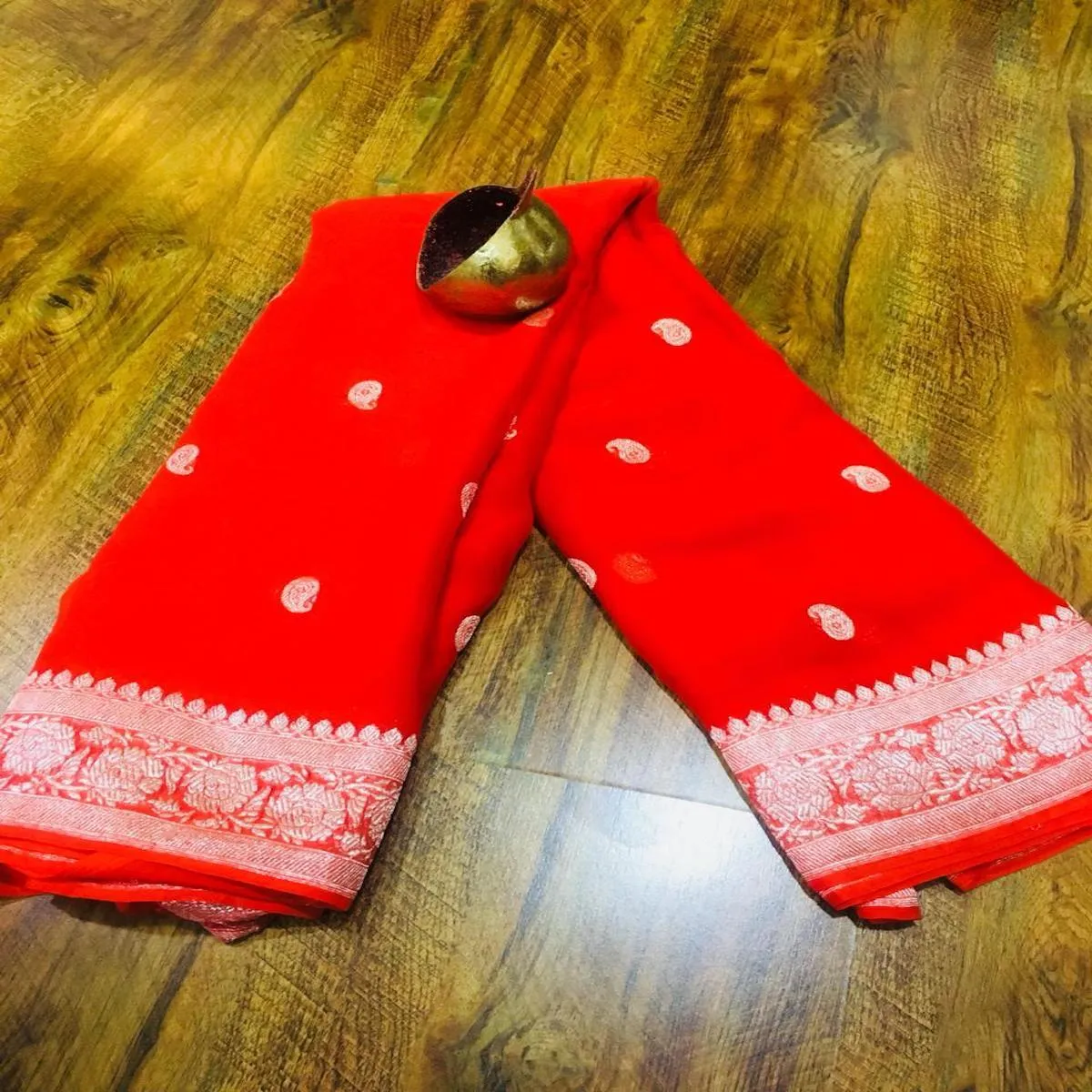 Bright Red Banarasi Karwachauth Khaddi Georgette Saree