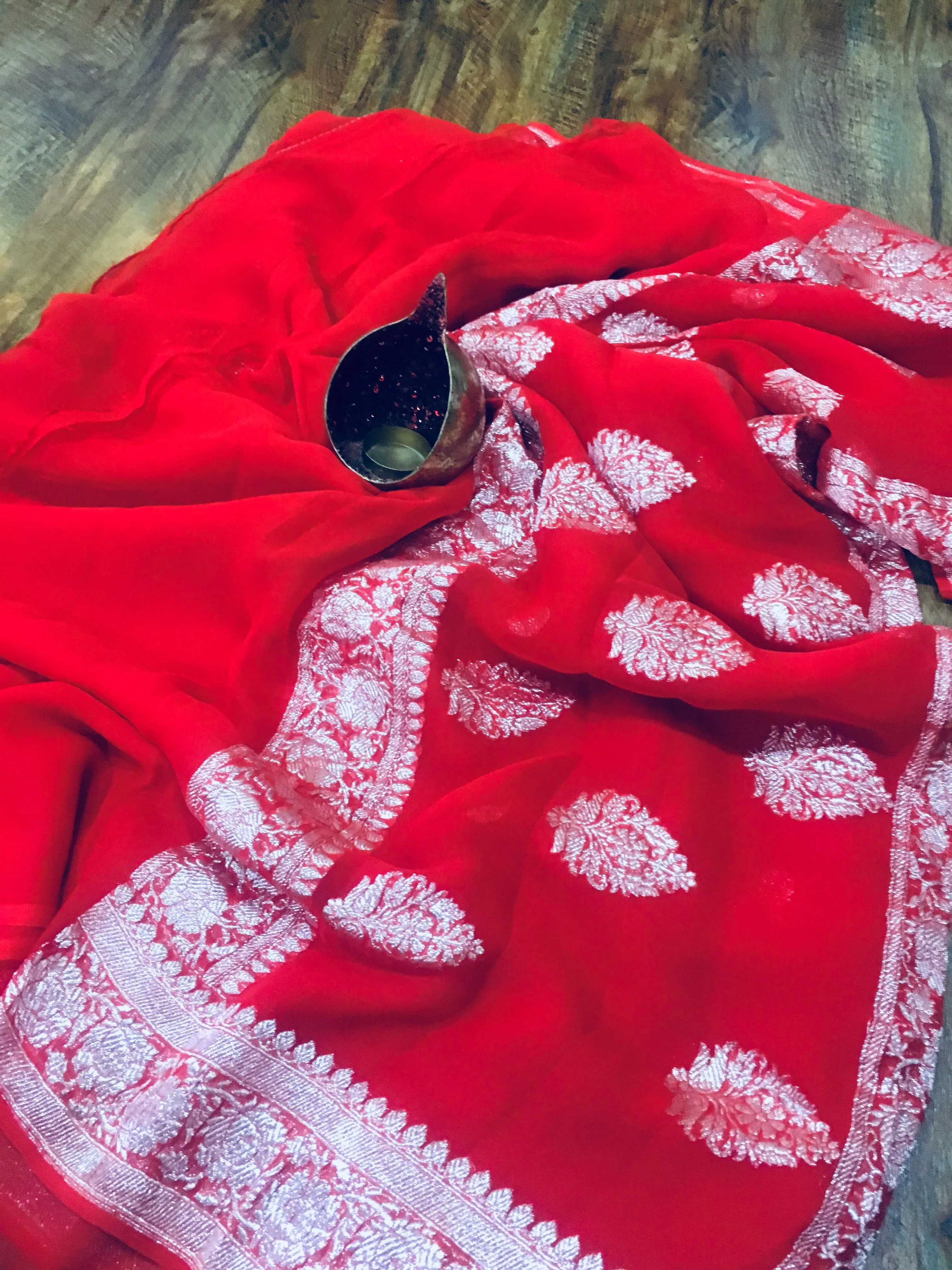 Bright Red Banarasi Karwachauth Khaddi Georgette Saree