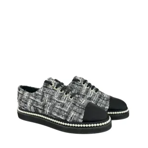 Chanel Tweed Grosgrain Pearl Lace Up Sneakers - Size 9.5