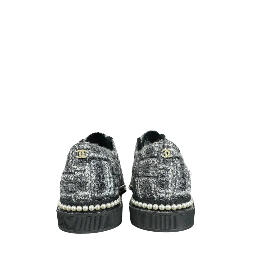 Chanel Tweed Grosgrain Pearl Lace Up Sneakers - Size 9.5