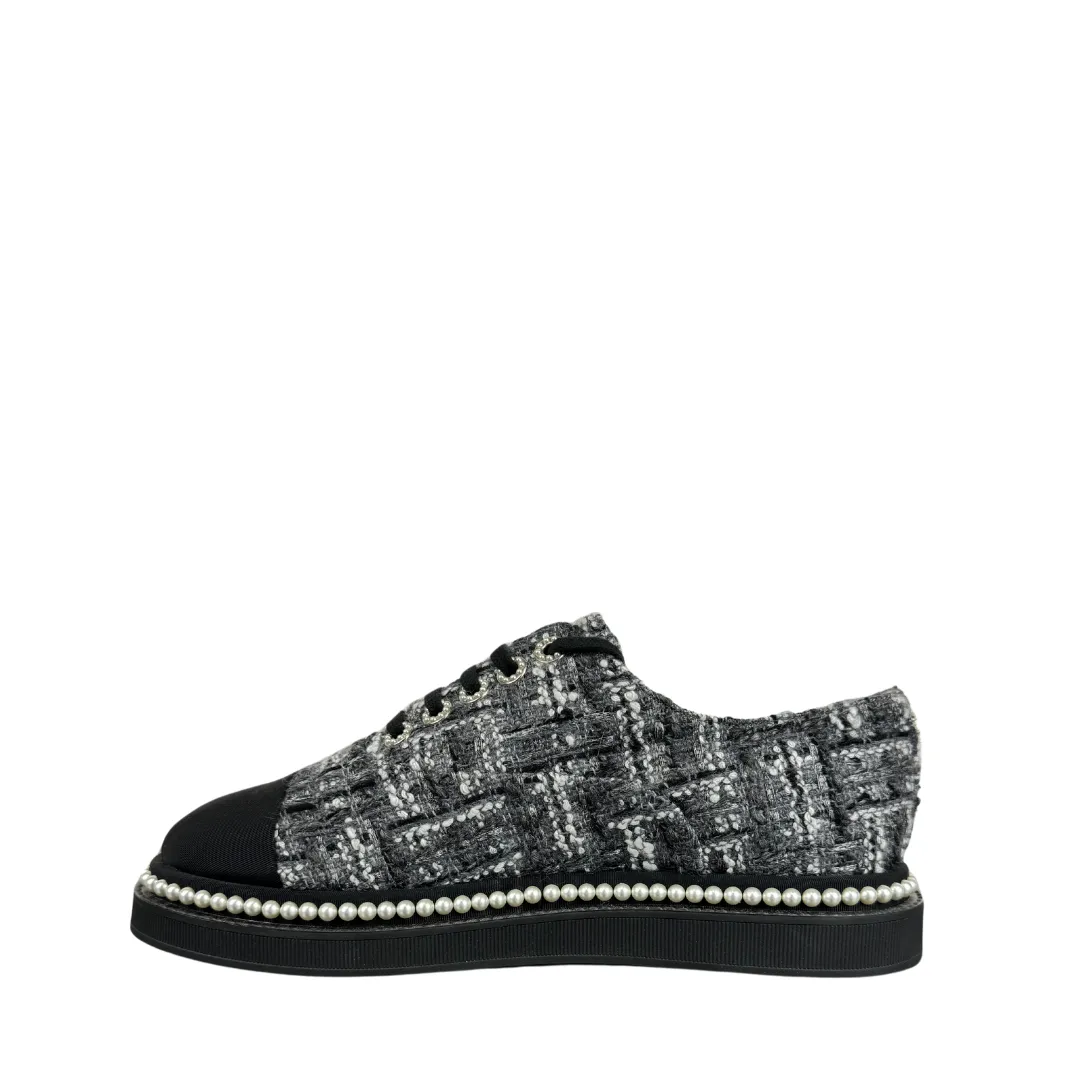 Chanel Tweed Grosgrain Pearl Lace Up Sneakers - Size 9.5