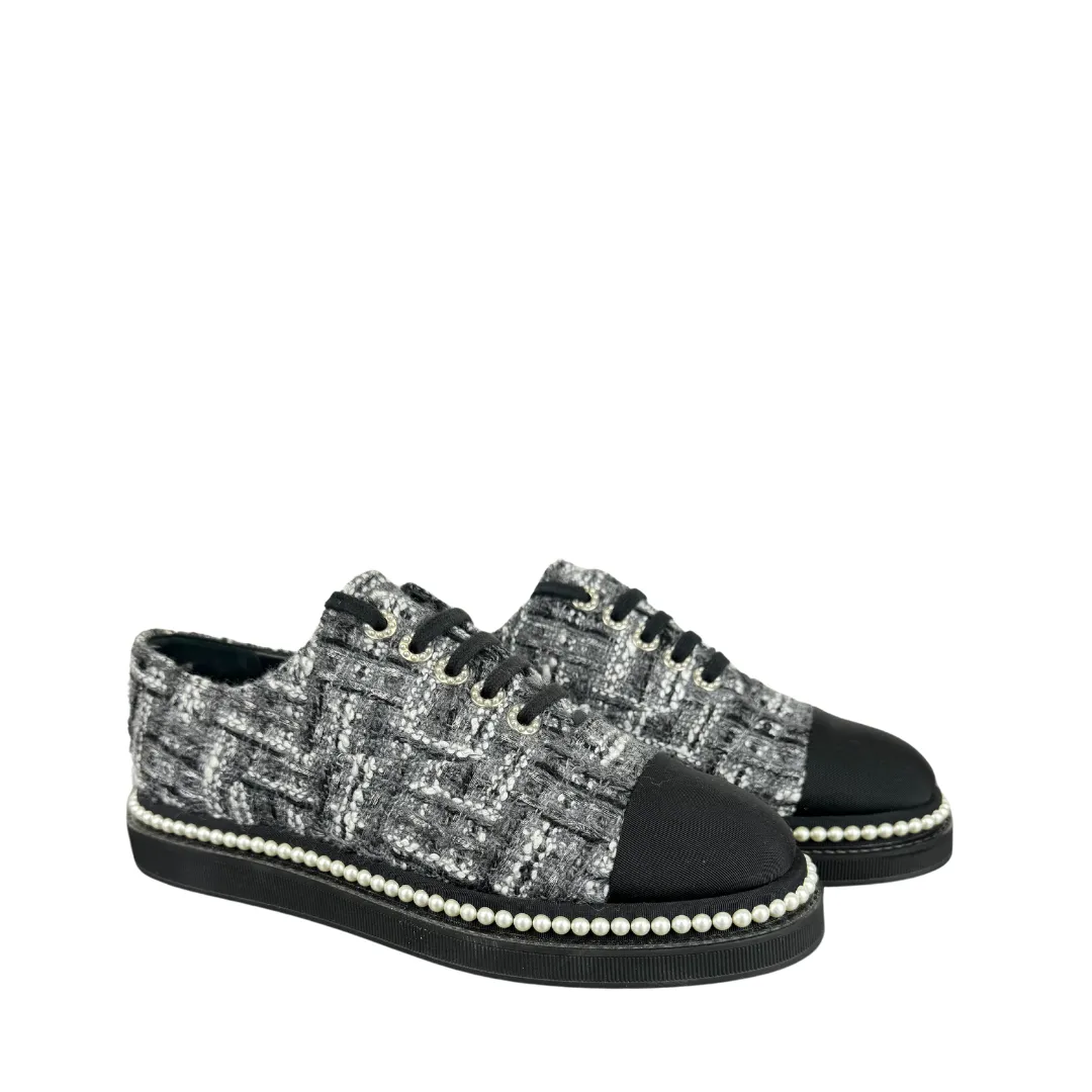 Chanel Tweed Grosgrain Pearl Lace Up Sneakers - Size 9.5
