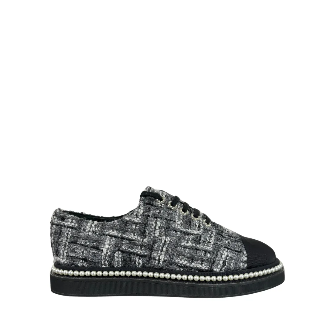 Chanel Tweed Grosgrain Pearl Lace Up Sneakers - Size 9.5