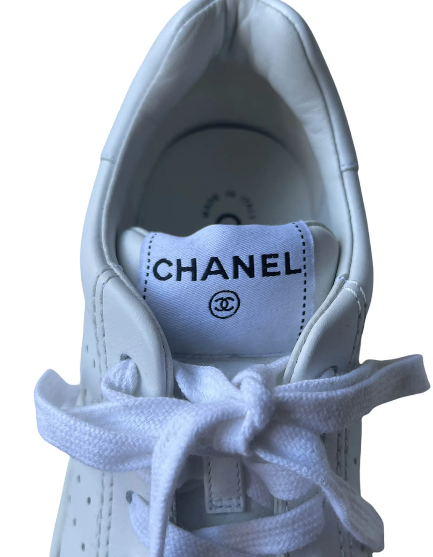 Chanel White CHA NEL Logo Tennis Sneakers sz 38