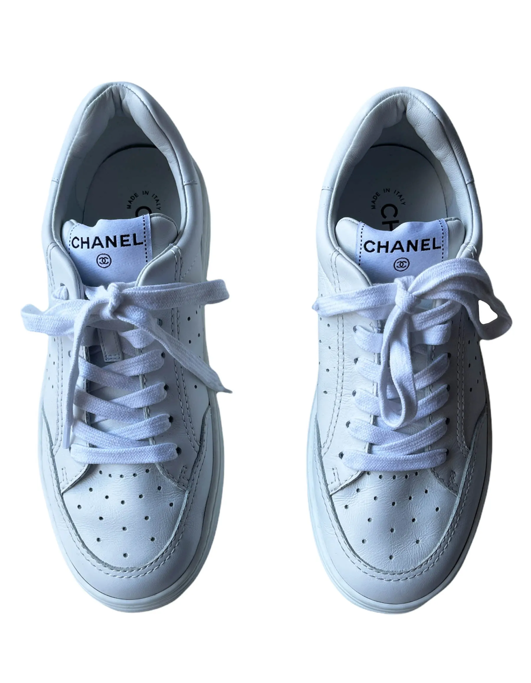 Chanel White CHA NEL Logo Tennis Sneakers sz 38