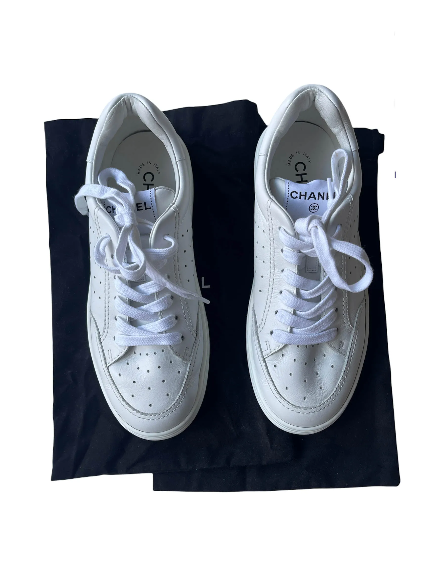 Chanel White CHA NEL Logo Tennis Sneakers sz 38