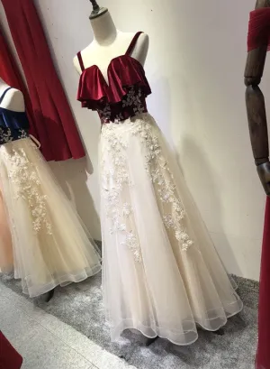 Charming Straps Tulle Velvet and Tulle Party Dress, Handmade Formal Gown