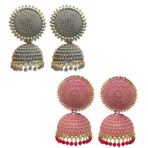 Combo of 2 Pink and Grey Pearls Dome Shape Jhumki