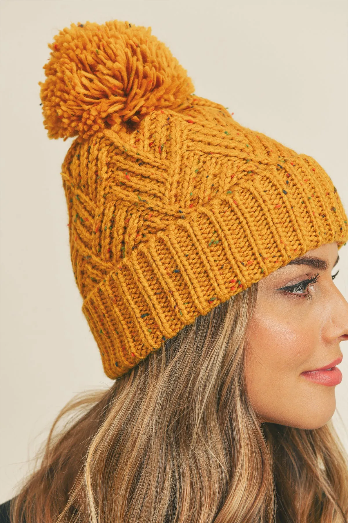 CONFETTI DIAGONAL STRIPES POMPOM KNIT BEANIE