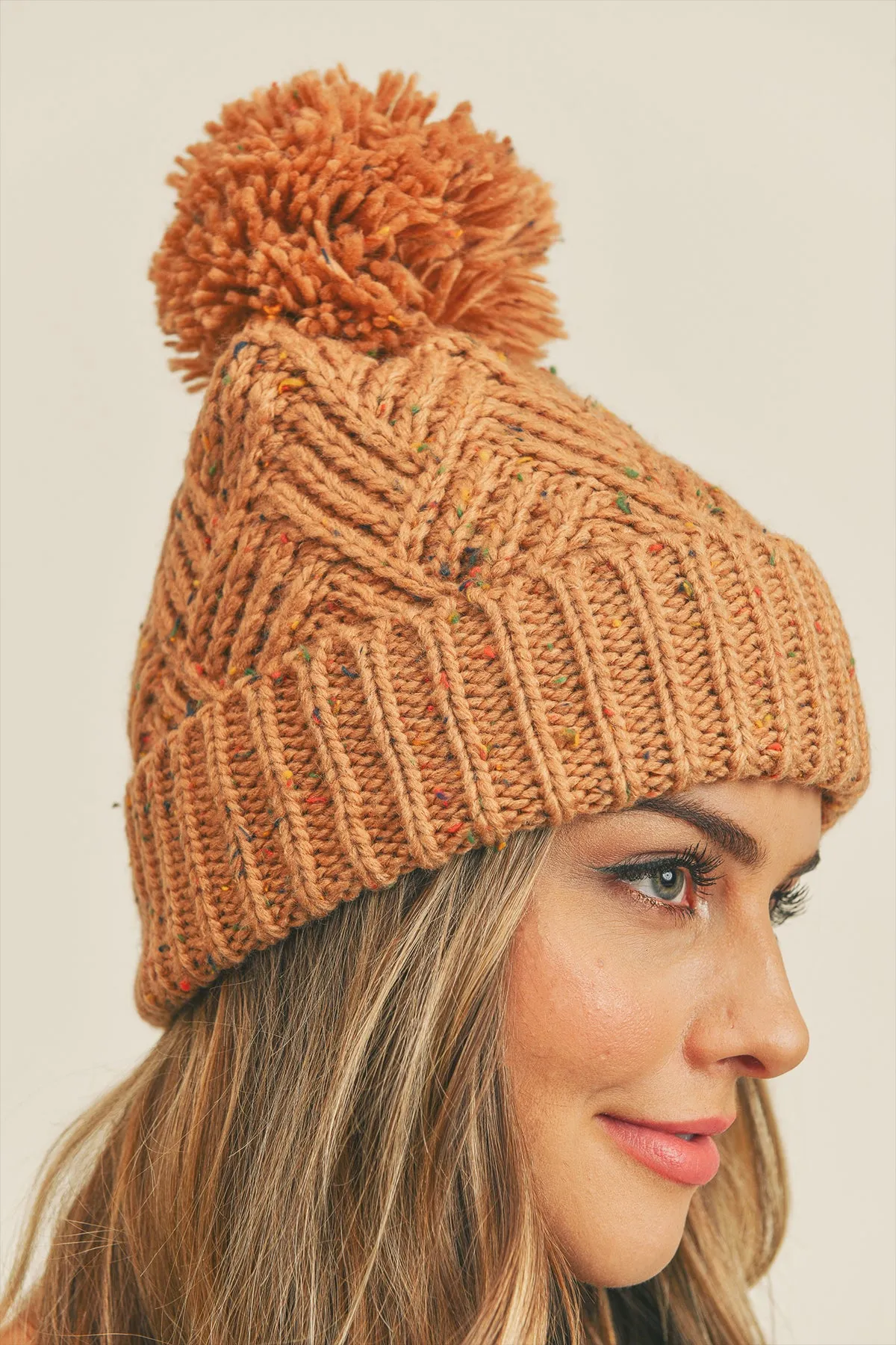 CONFETTI DIAGONAL STRIPES POMPOM KNIT BEANIE
