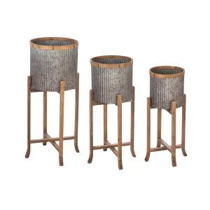Corrugated Galvanized Metal Planters with Wooden Stand, Set of 3,47m2370