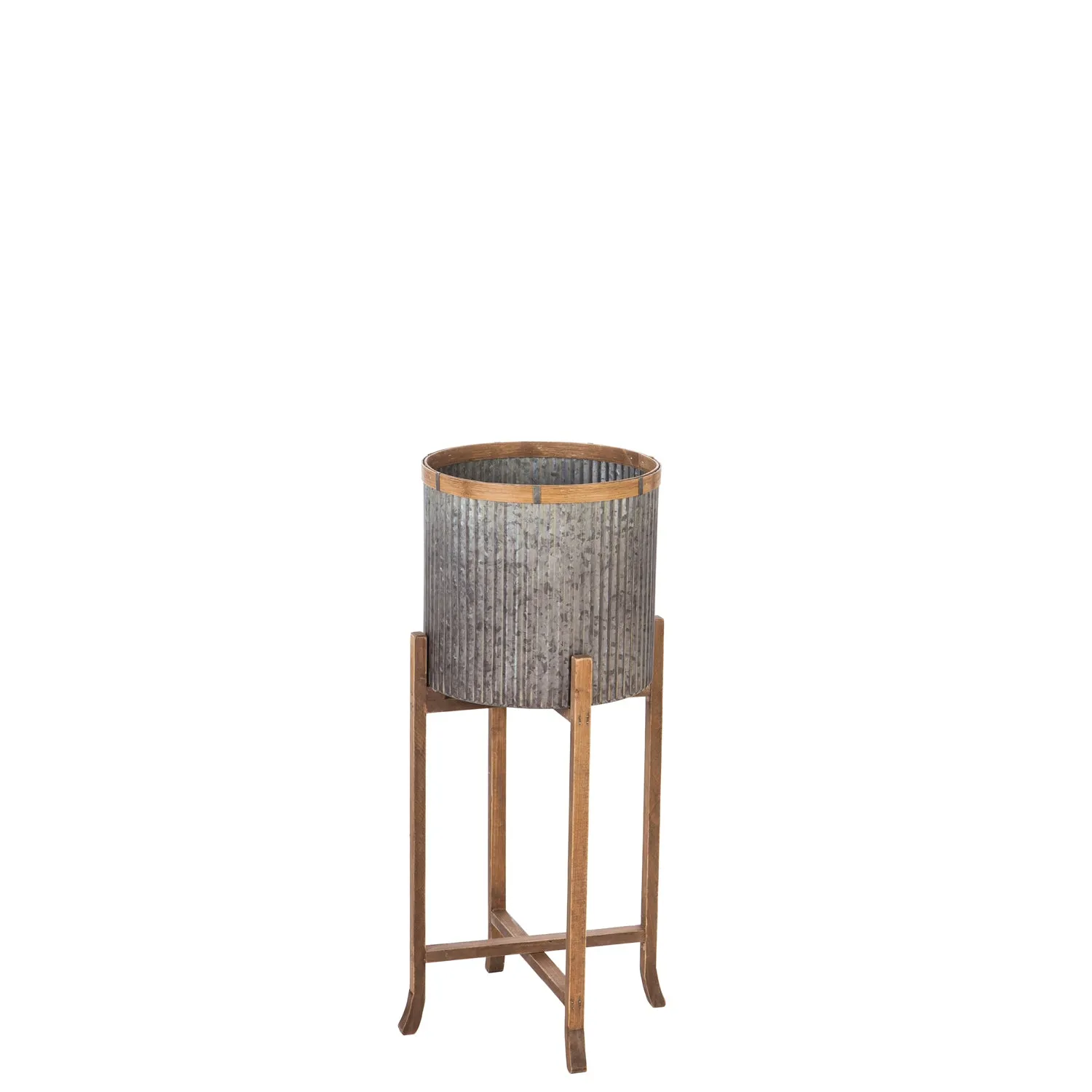 Corrugated Galvanized Metal Planters with Wooden Stand, Set of 3,47m2370