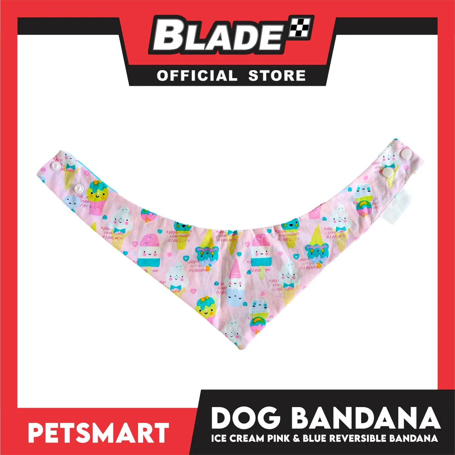 Dog Bandana, Ice Cream Design, Pink and Blue Reversible Bandana DB-CTN40M (Medium) Soft and Comfortable Pet Bandana