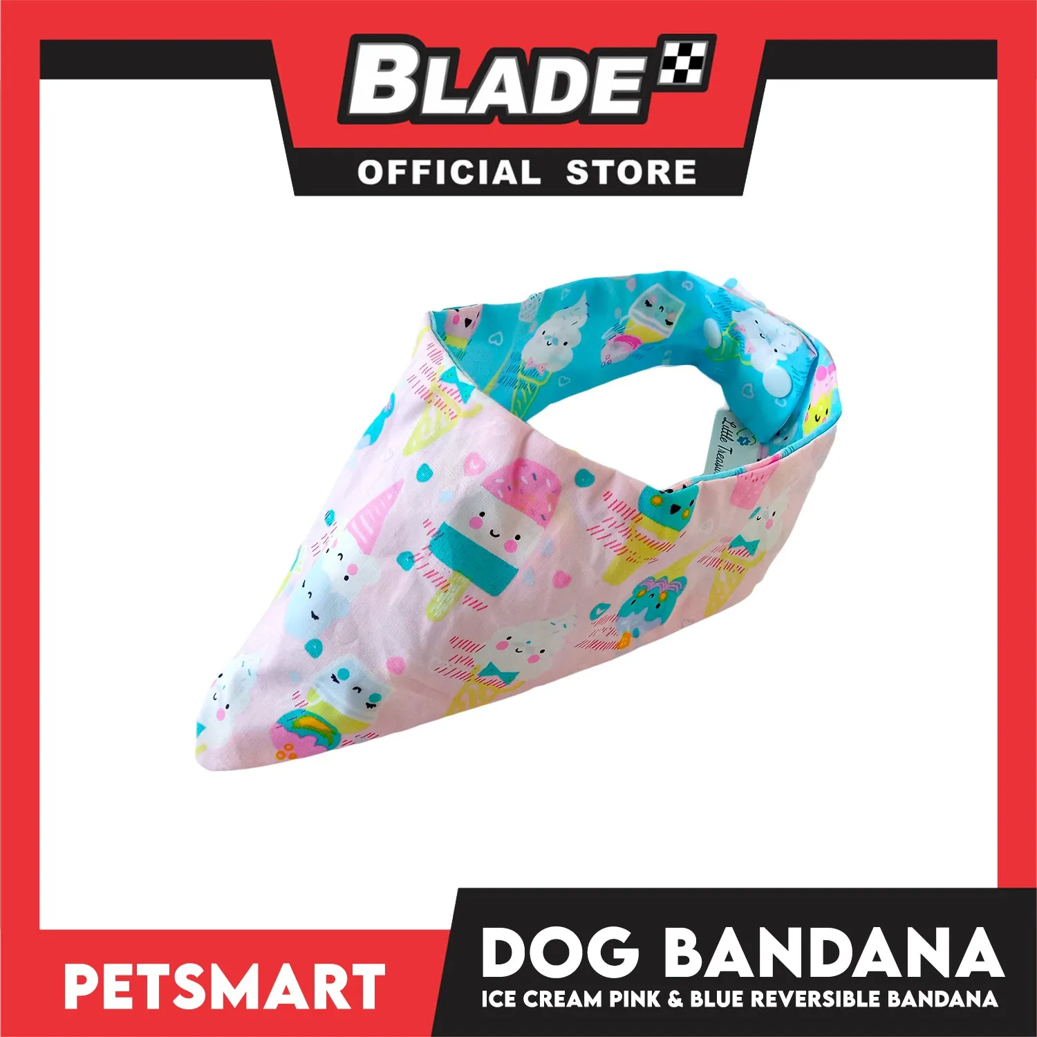 Dog Bandana, Ice Cream Design, Pink and Blue Reversible Bandana DB-CTN40S (Small) Soft and Comfortable Pet Bandana
