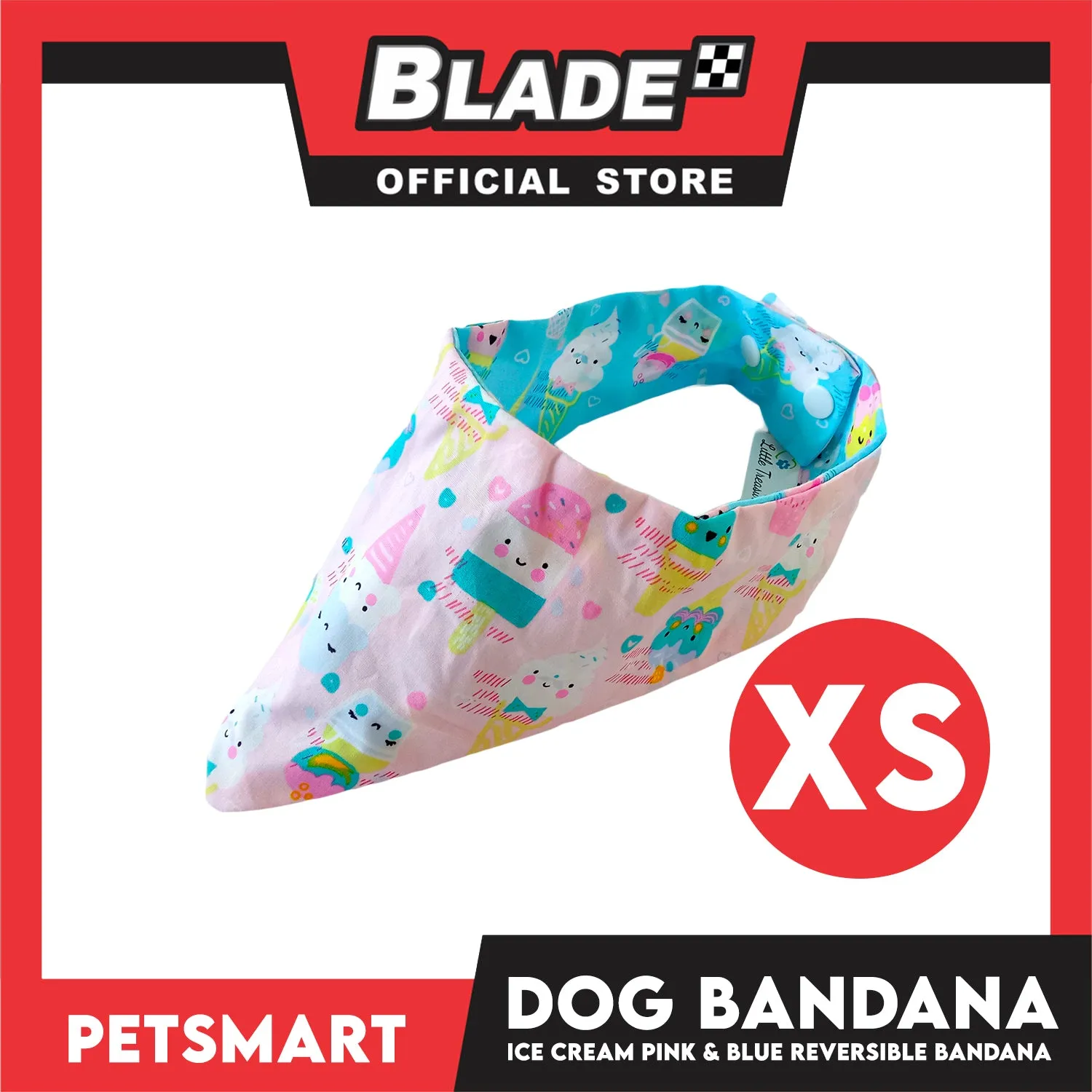 Dog Bandana, Ice Cream Design, Pink and Blue Reversible Bandana DB-CTN40XS (XS) Soft and Comfortable Pet Bandana