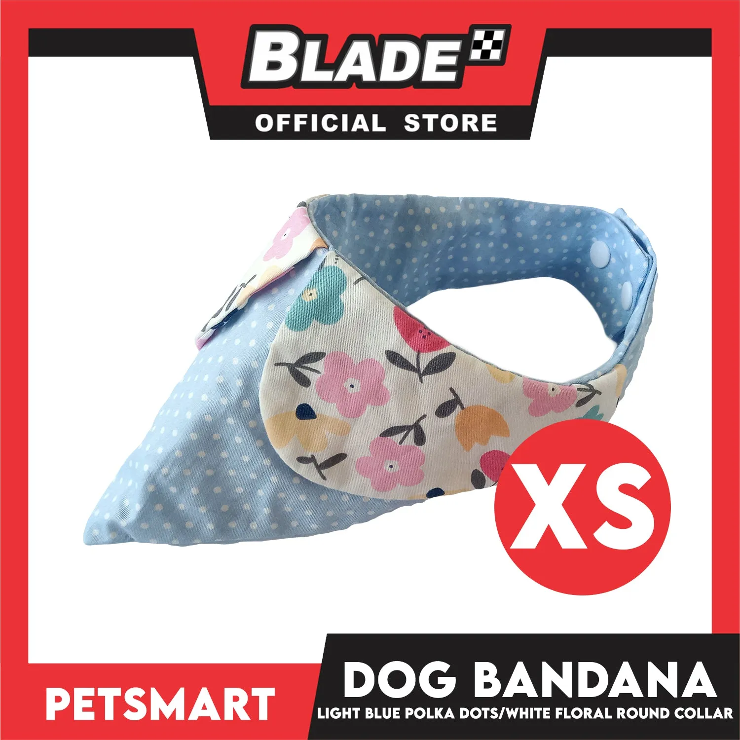 Dog Bandana, Light Blue Polka Dots with White Floral Round Collar Design DB-CTN43XS (XS) Soft and Comfortable Pet Bandana