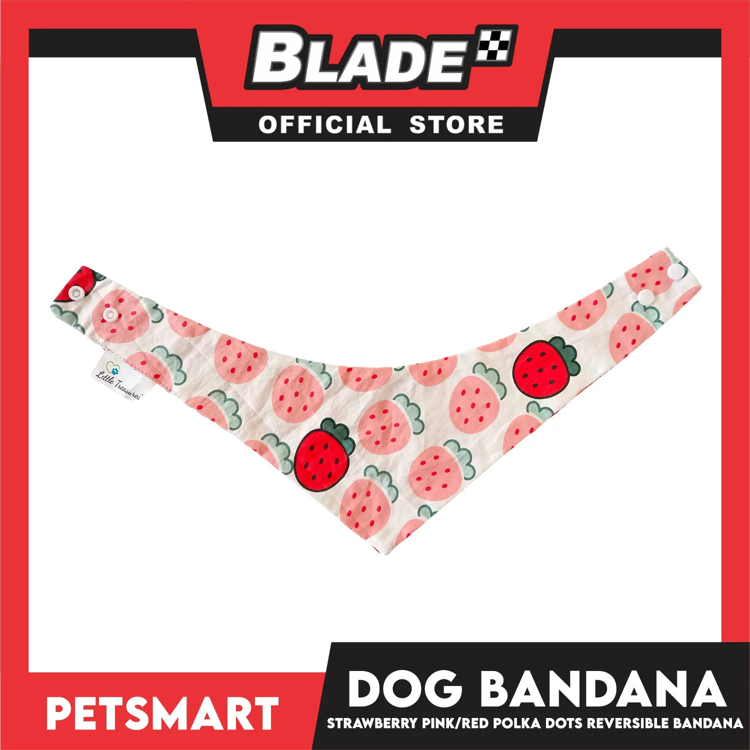 Dog Bandana, Strawberry Design, Pink with Red Polka Dots Reversible Bandana DB-CTN41S (Small) Soft and Comfortable Pet Bandana