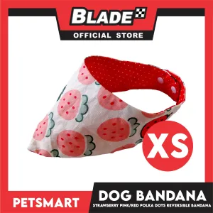 Dog Bandana, Strawberry Design, Pink with Red Polka Dots Reversible Bandana DB-CTN41XS (XS) Soft and Comfortable Pet Bandana