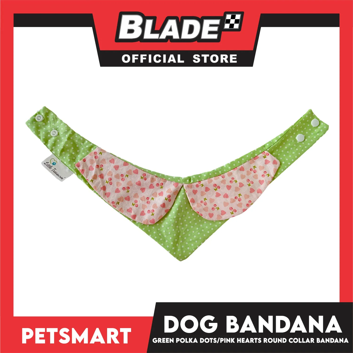 Dog Collar Bandana, Green Polka Dots with Pink Heart Round Collar Bandana DB-CTN42XS (XS) Soft and Comfortable Pet Bandana