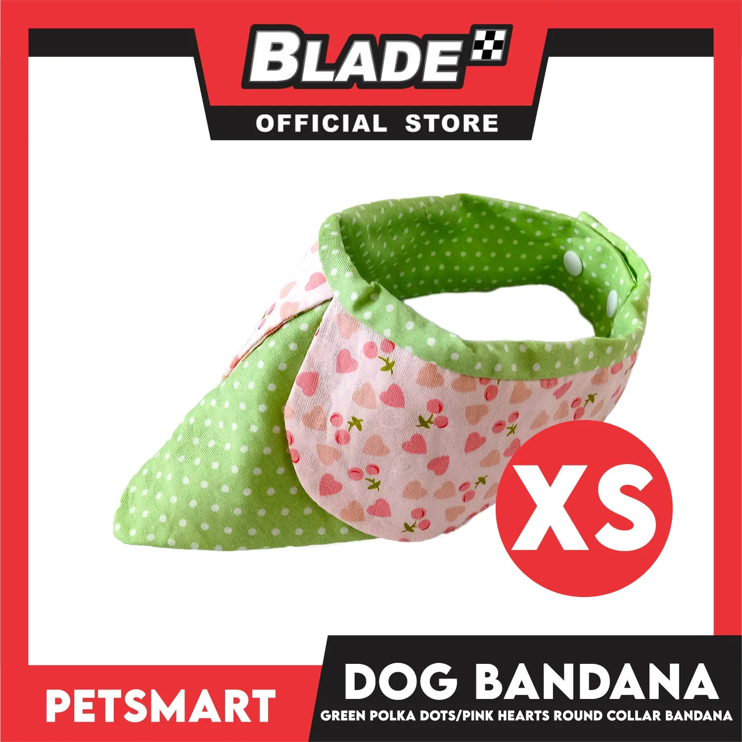 Dog Collar Bandana, Green Polka Dots with Pink Heart Round Collar Bandana DB-CTN42XS (XS) Soft and Comfortable Pet Bandana