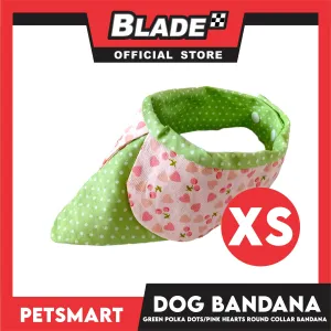 Dog Collar Bandana, Green Polka Dots with Pink Heart Round Collar Bandana DB-CTN42XS (XS) Soft and Comfortable Pet Bandana