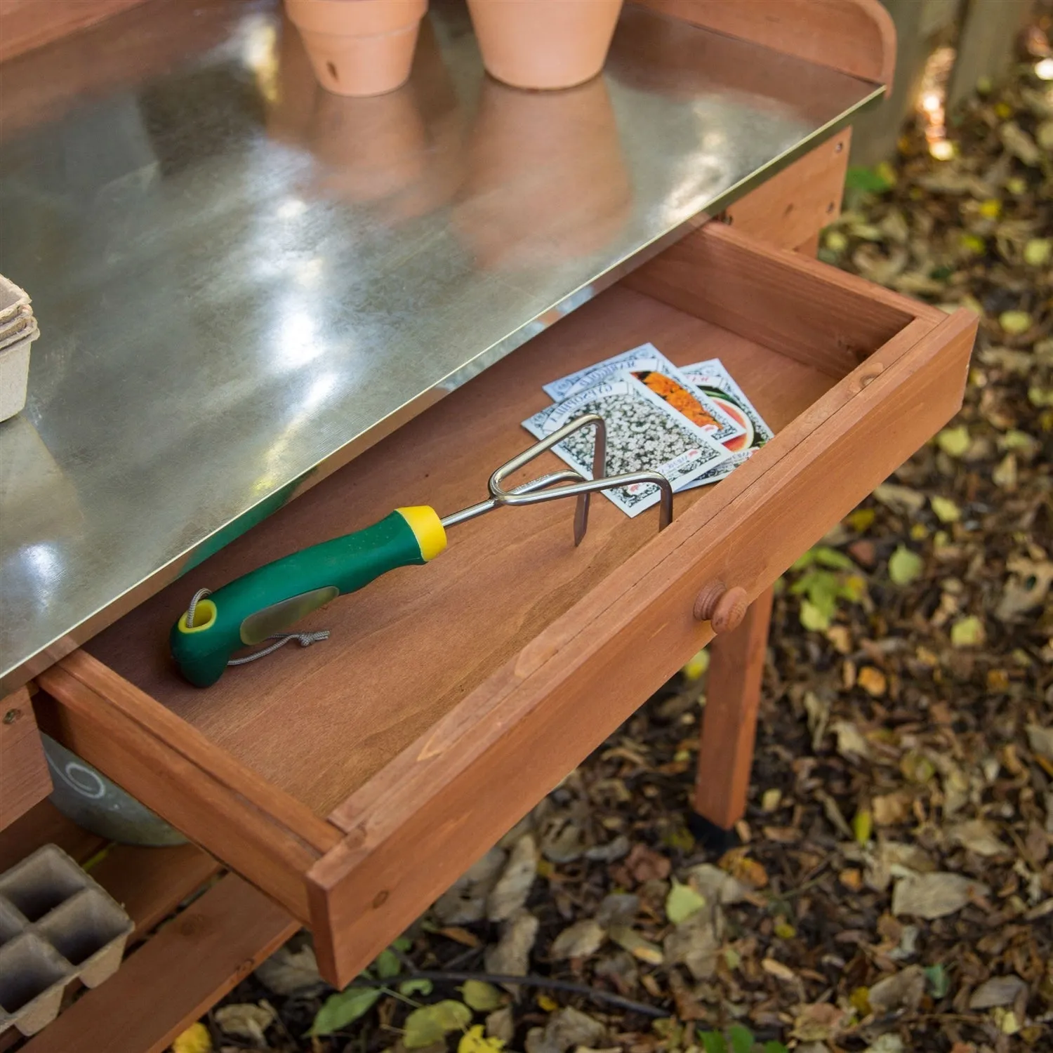 Durable Weather Resistant Wood Potting Bench Garden Table with Metal Top