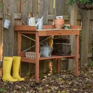 Durable Weather Resistant Wood Potting Bench Garden Table with Metal Top