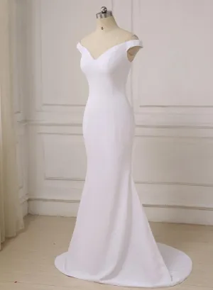 Elegant White Off Shoulder High Quality Spandex Mermaid Gowns, Handmade White Wedding Party Dresses