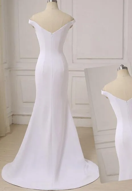 Elegant White Off Shoulder High Quality Spandex Mermaid Gowns, Handmade White Wedding Party Dresses