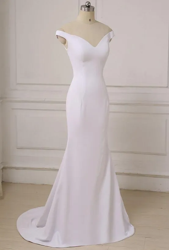 Elegant White Off Shoulder High Quality Spandex Mermaid Gowns, Handmade White Wedding Party Dresses