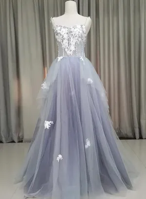 Fashionable Grey Tulle Sweetheart Straps Long Party Dress, Sweet 16 Dress