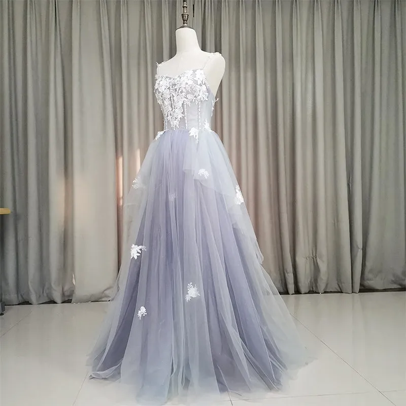 Fashionable Grey Tulle Sweetheart Straps Long Party Dress, Sweet 16 Dress