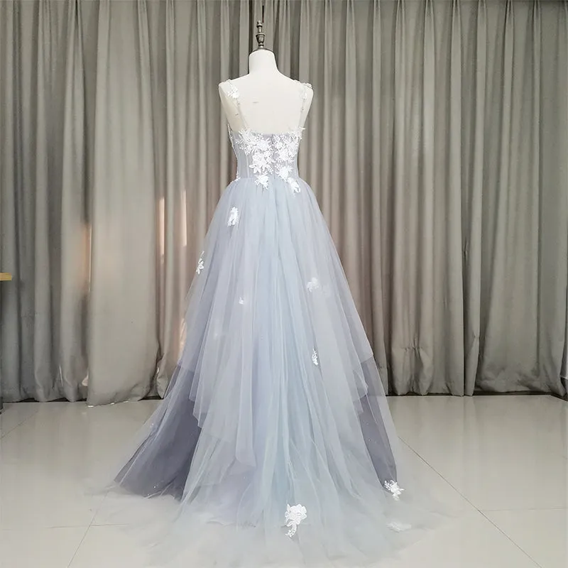 Fashionable Grey Tulle Sweetheart Straps Long Party Dress, Sweet 16 Dress