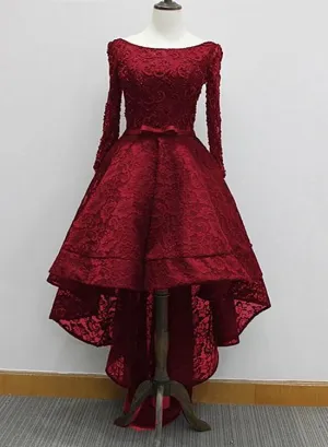 Fashionable Long Sleeves Lace High Low Beaded Prom Dress, New Party Dress