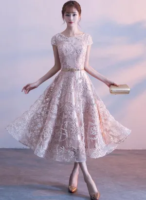 Fashionable Tea Length Lace Cap Sleeves Bridesmaid Dress, Lace Party Dress