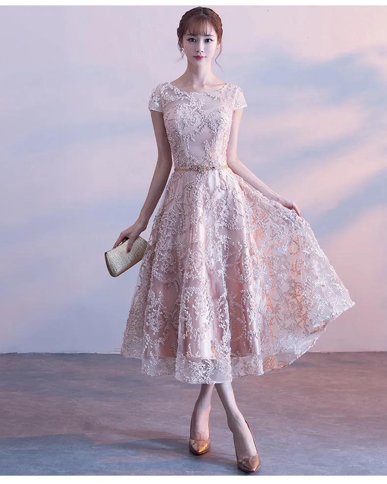Fashionable Tea Length Lace Cap Sleeves Bridesmaid Dress, Lace Party Dress