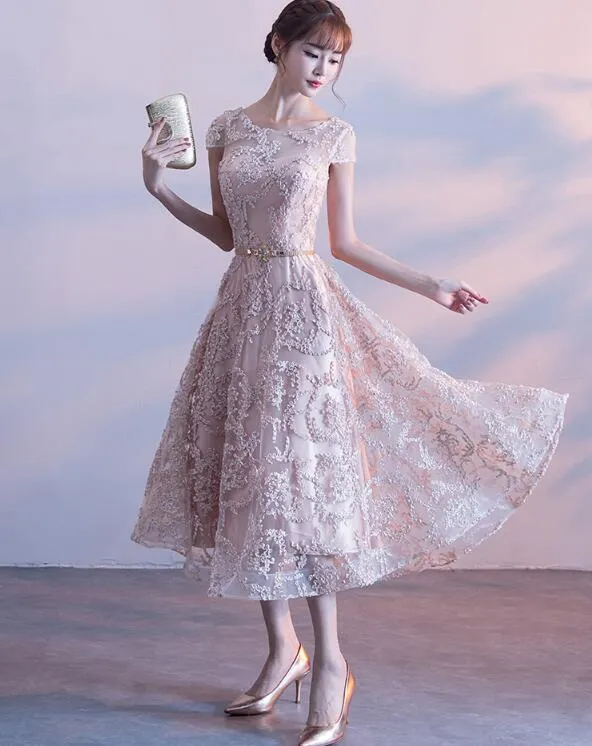 Fashionable Tea Length Lace Cap Sleeves Bridesmaid Dress, Lace Party Dress