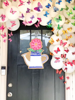 Flower Burlap Door Hanger - Pink in Blue Watering Can