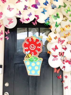 Flower Burlap Door Hanger - Red In Flowerpot with Bee