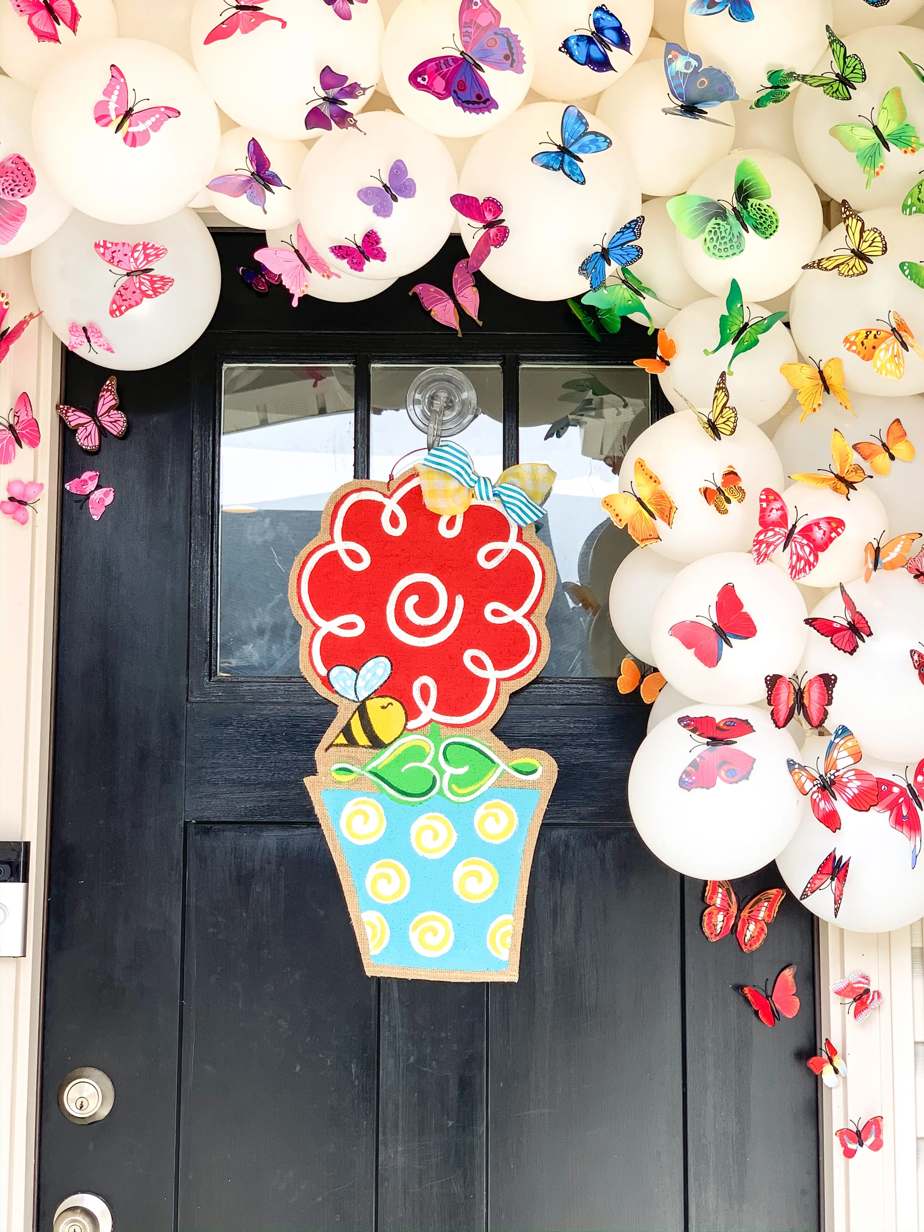 Flower Burlap Door Hanger - Red In Flowerpot with Bee
