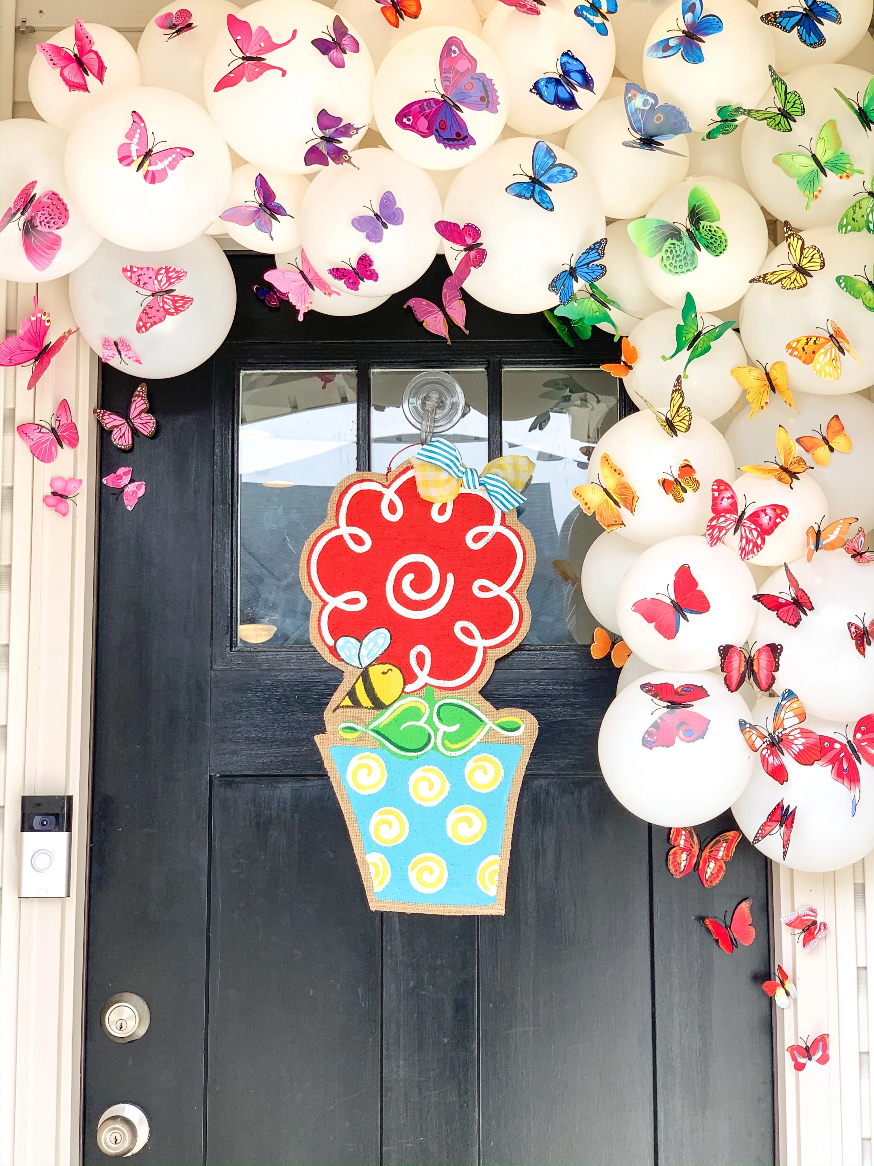 Flower Burlap Door Hanger - Red In Flowerpot with Bee