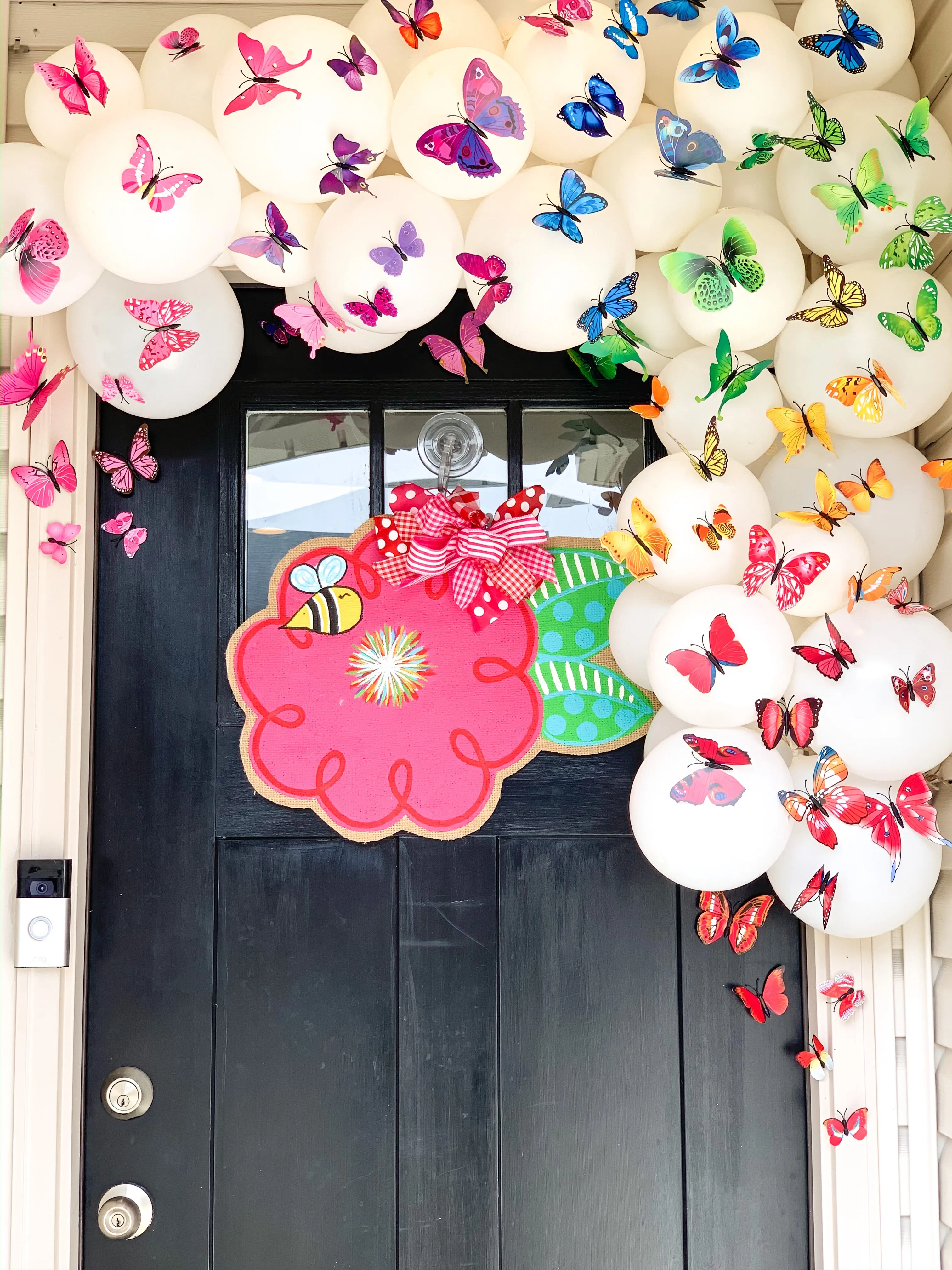 Flower Burlap Door Hanger - Red with Bee