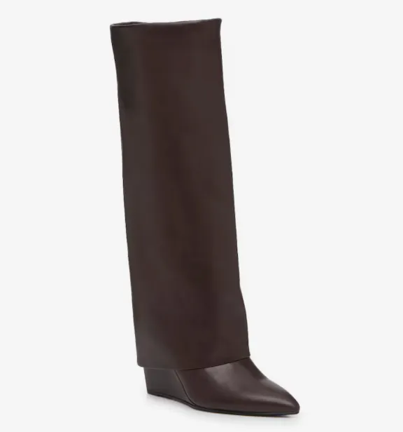 Fold Over Cuffed Knee High Wedge Bootie
