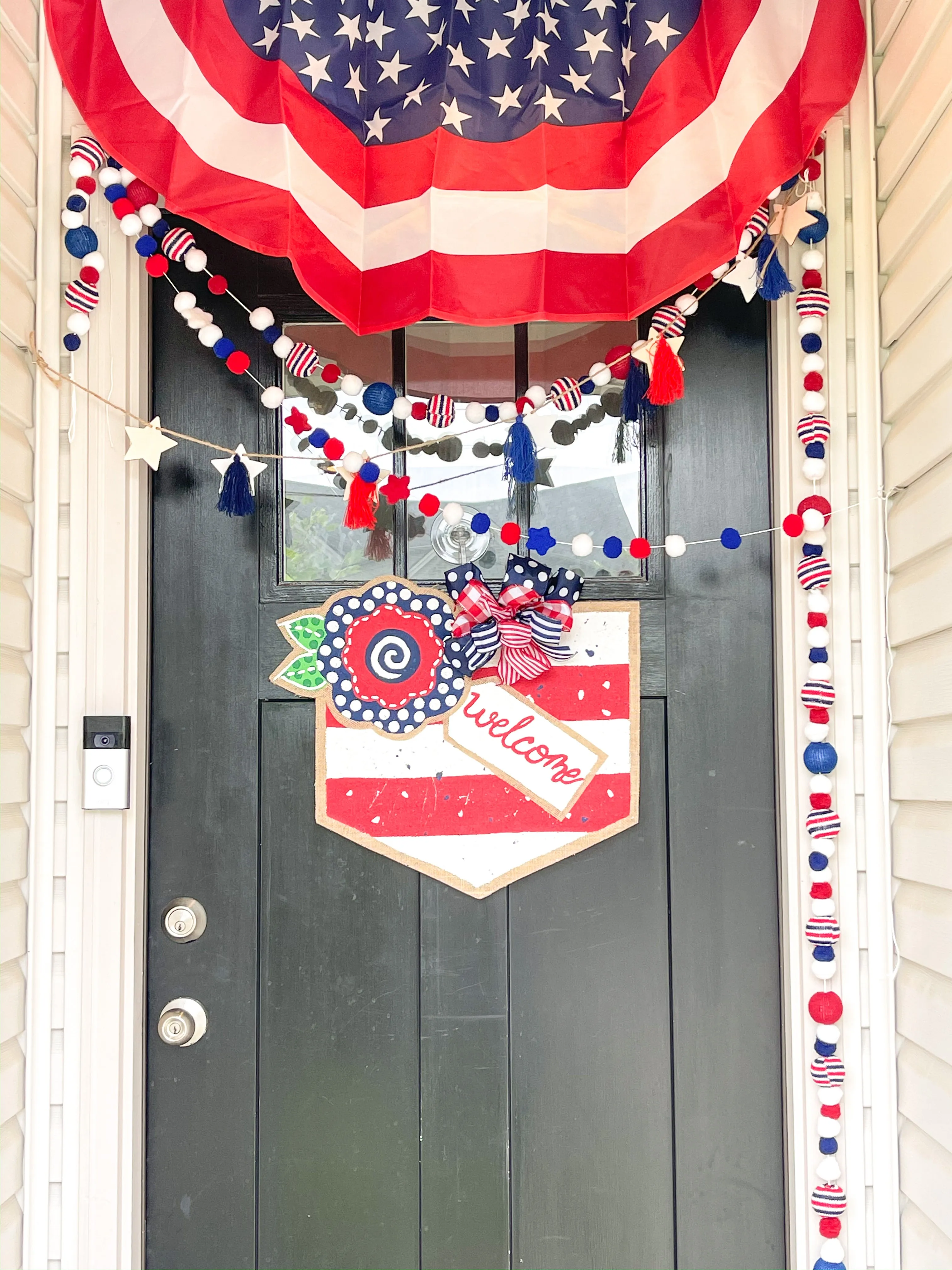 Fourth of July Burlap Door Hanger - Floral Welcome Banner
